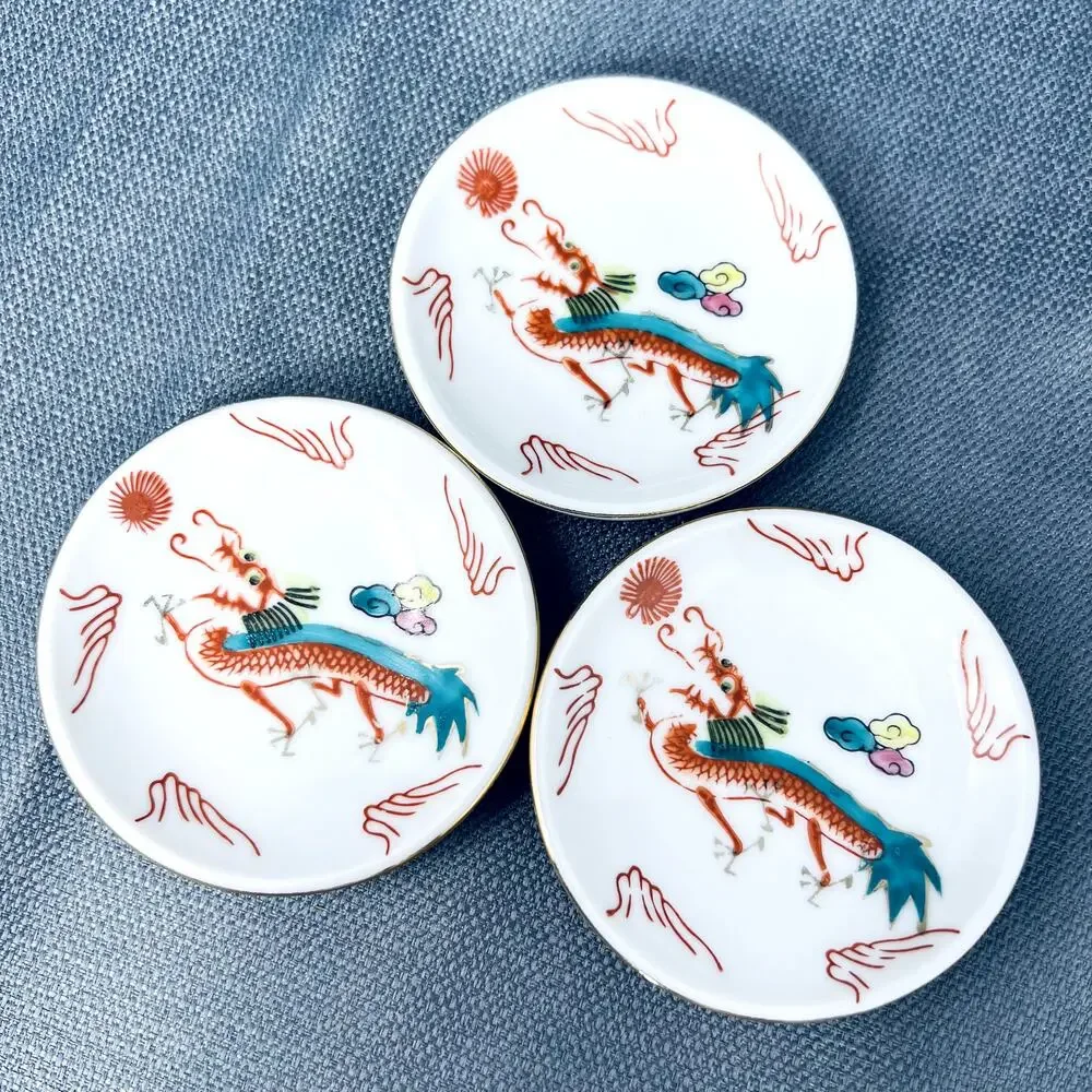Set of 3 Chinese Saucers Red Dragon Replacement Desert Dish Asian VTG Plate